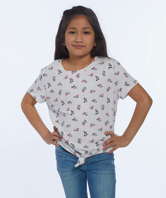 Girls Short Sleeve Top - front Tie- Rose buds print