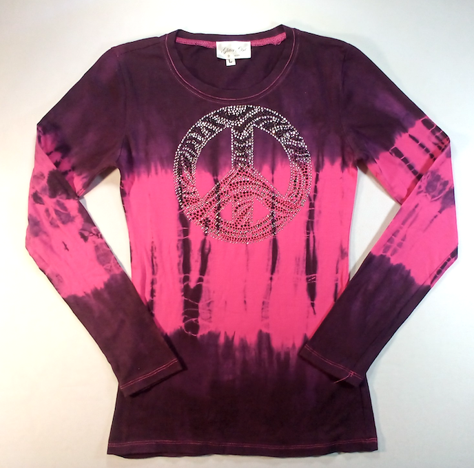 Girls Long Sleeve Top - Rhinestone Peace Sign-Tie Dye