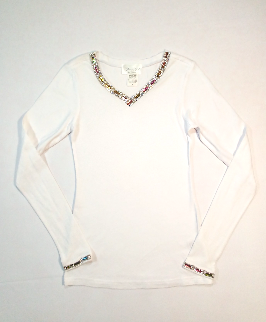 Girls Long Sleeve Top Jeweled Neckline