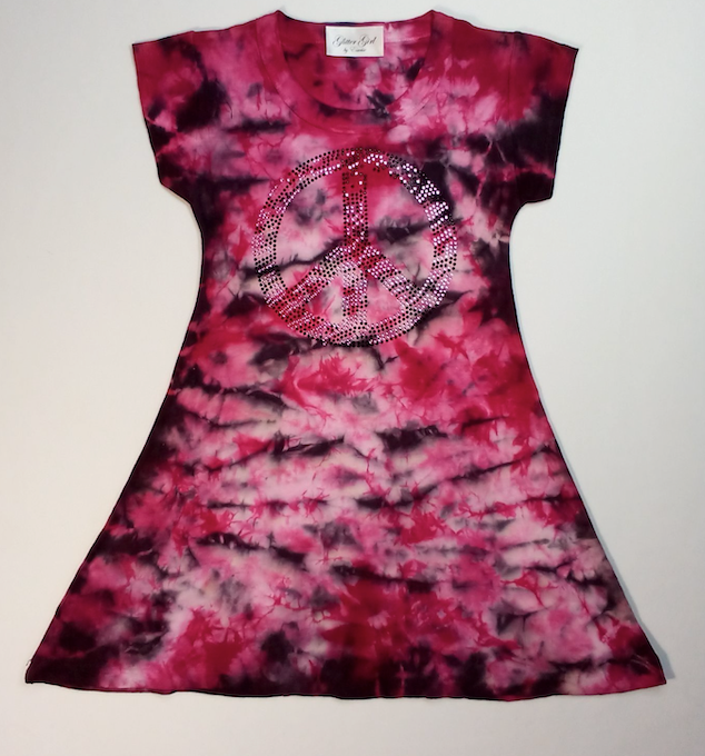 Girls Short sleeve Dress - Rhinestone Peace Sign