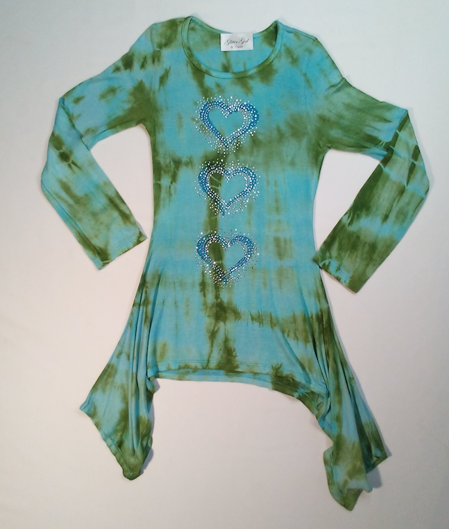 Girls Long Sleeve Top - Tunic - Rhinestone Hearts