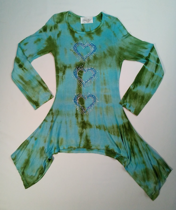 Girls Long Sleeve Top - Tunic - Rhinestone Hearts