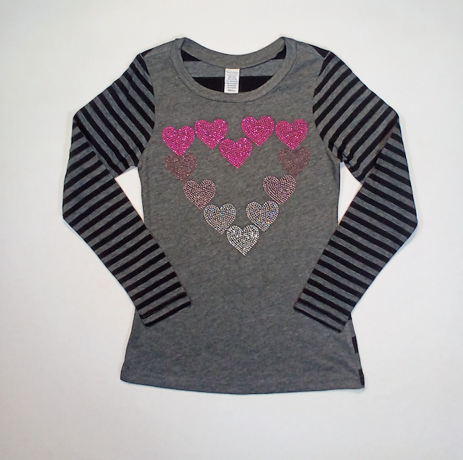 Girls Long Sleeve Top - Rhinestone Hearts