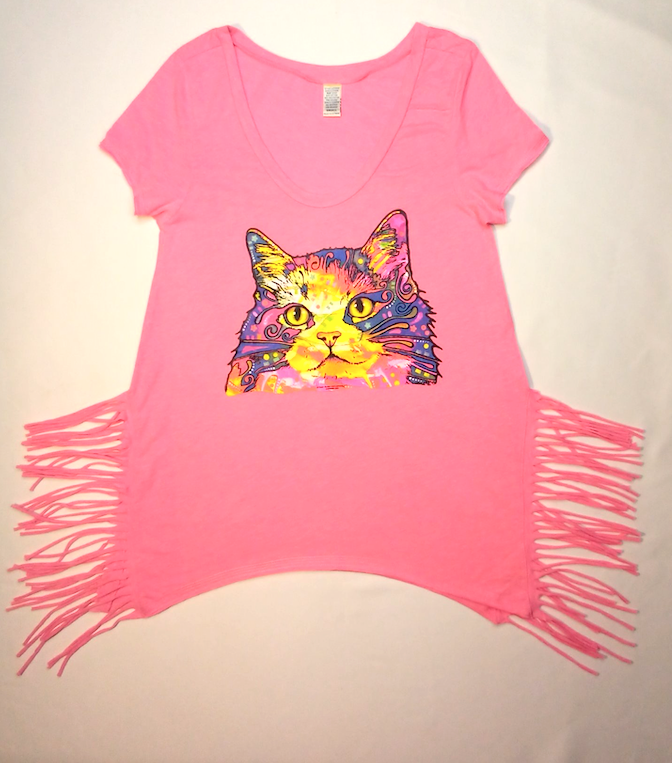 Girls Short Sleeve Top - Tunic - Fringe - Mosaic Cat