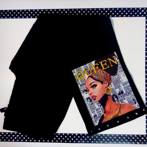 Women Fashion Drawstrings Pant - Graphic Design - Rhinestones