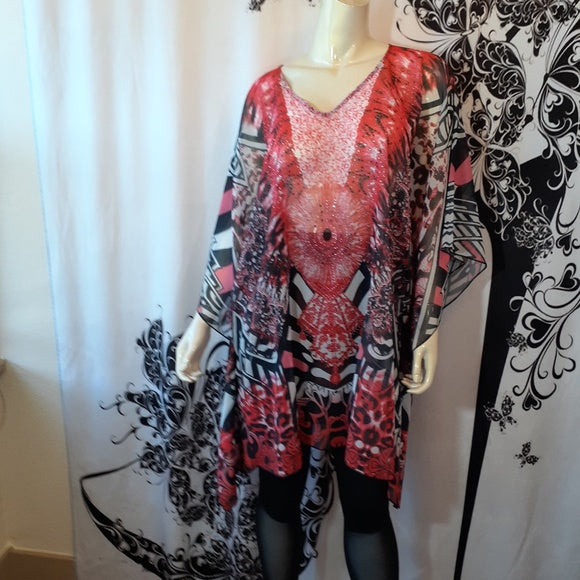 Women Caftan - Multi Color Print - Beaded
