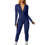 Women Ribbed Long Sleeve Zip up Casual Athletic Jumpsuit