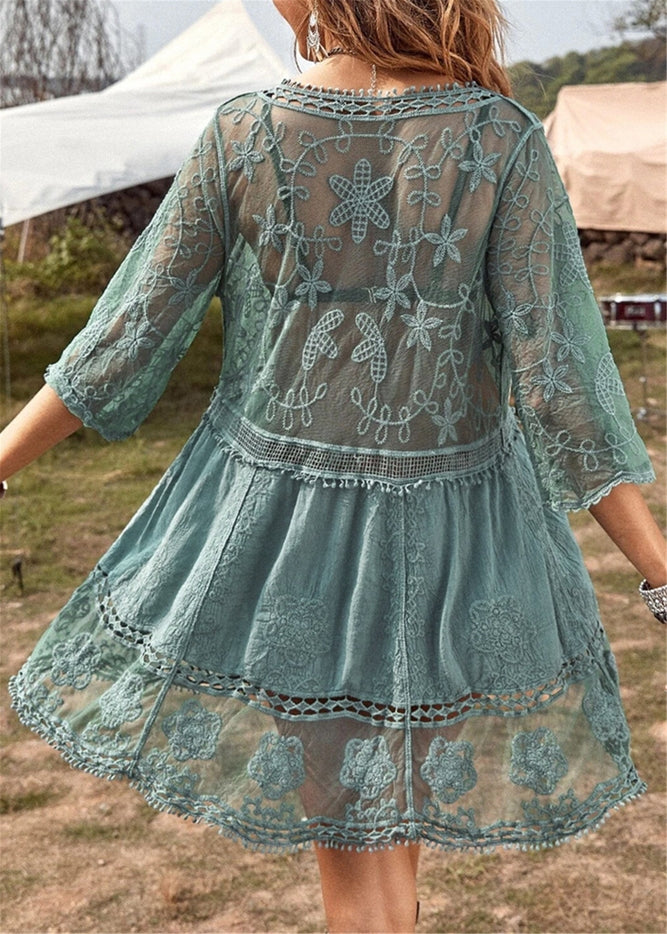 Women Tunic Dress Cover Up Contrast Lace and  Mesh V Neck By Ann Kaci