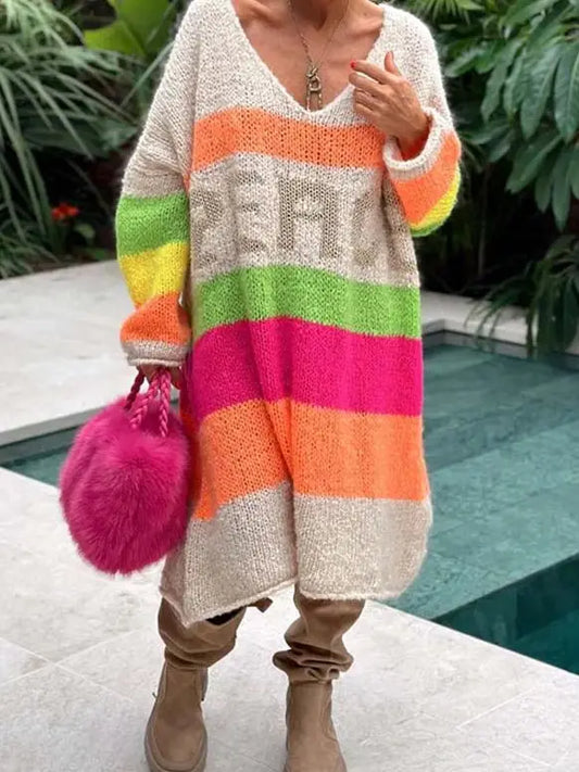 Women Midi knit Color block Sweater