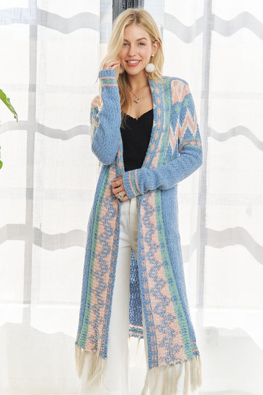 Women Light Blue Open Front Maxi Sweater