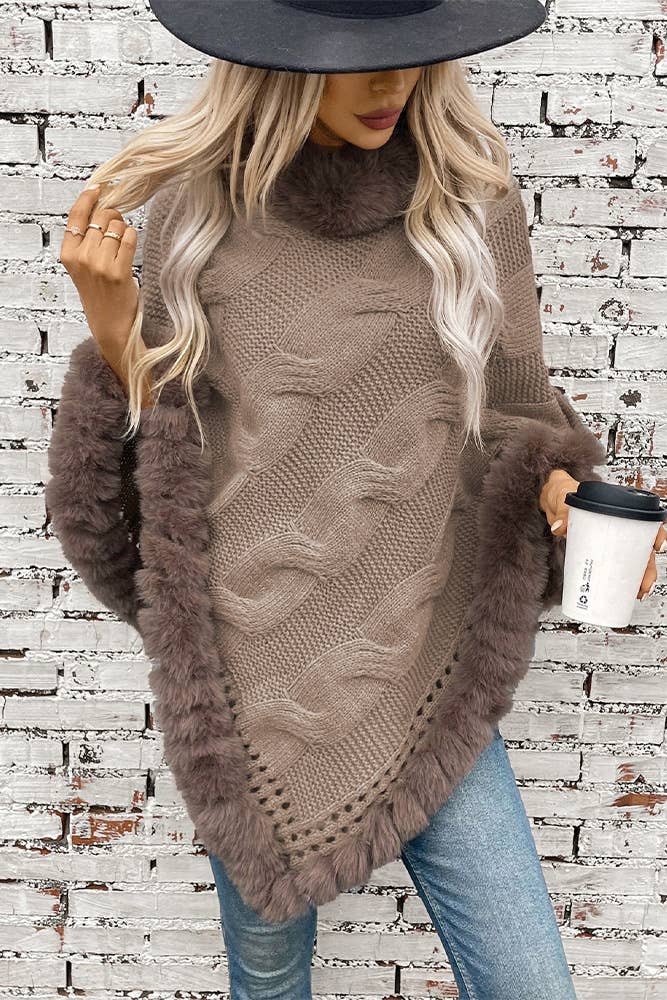 Faux Fur Collar Chunky Cable Knit Sweater Cape MMY225: Coffee / One size