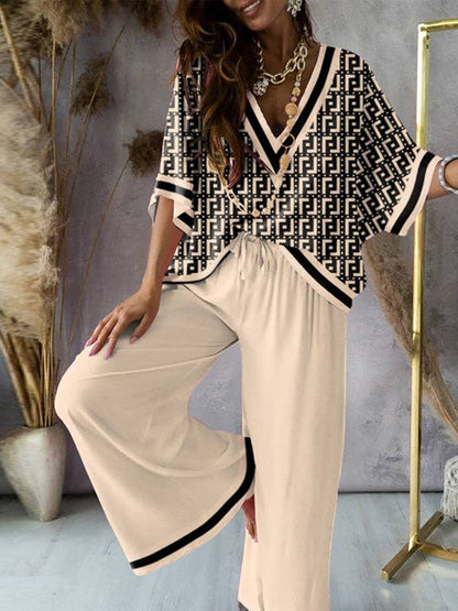 Urban Loose Printed V-Neck T-Shirts Tops& Drawstring Wide Leg Pants Suits: KHAKI / L