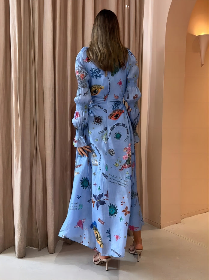 Women Long Sleeve Graffiti Balloon Sleeve Cut-Out Waistline Dress by Rosa Clothing