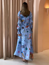 Women Long Sleeve Graffiti Balloon Sleeve Cut-Out Waistline Dress by Rosa Clothing