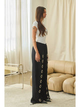Women French Terry Sweatpants Wide Leg with Grommet Detail Pant