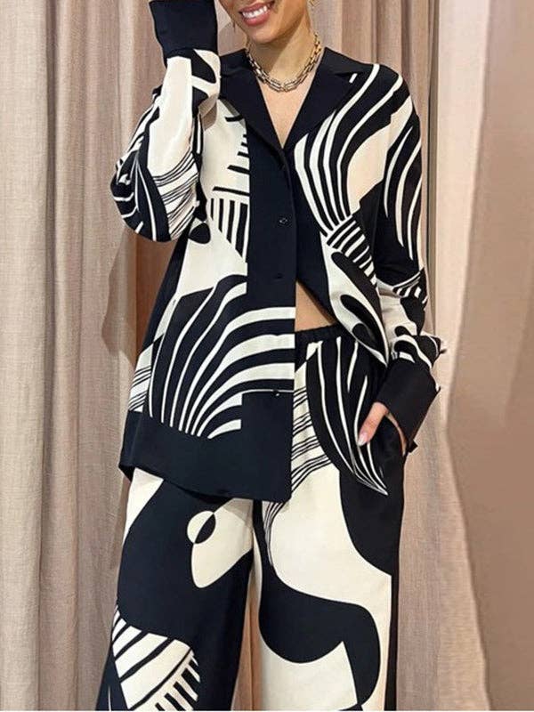 Long Sleeves Loose Pockets Printed Blouses & Pant Set: BLACK / L