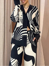 Long Sleeves Loose Pockets Printed Blouses & Pant Set: BLACK / L