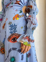 Women Long Sleeve Graffiti Balloon Sleeve Cut-Out Waistline Dress by Rosa Clothing