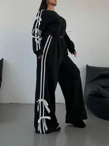 Women Long Sleeve Pull Over Stripe Bow Embellished 2 Piece Set