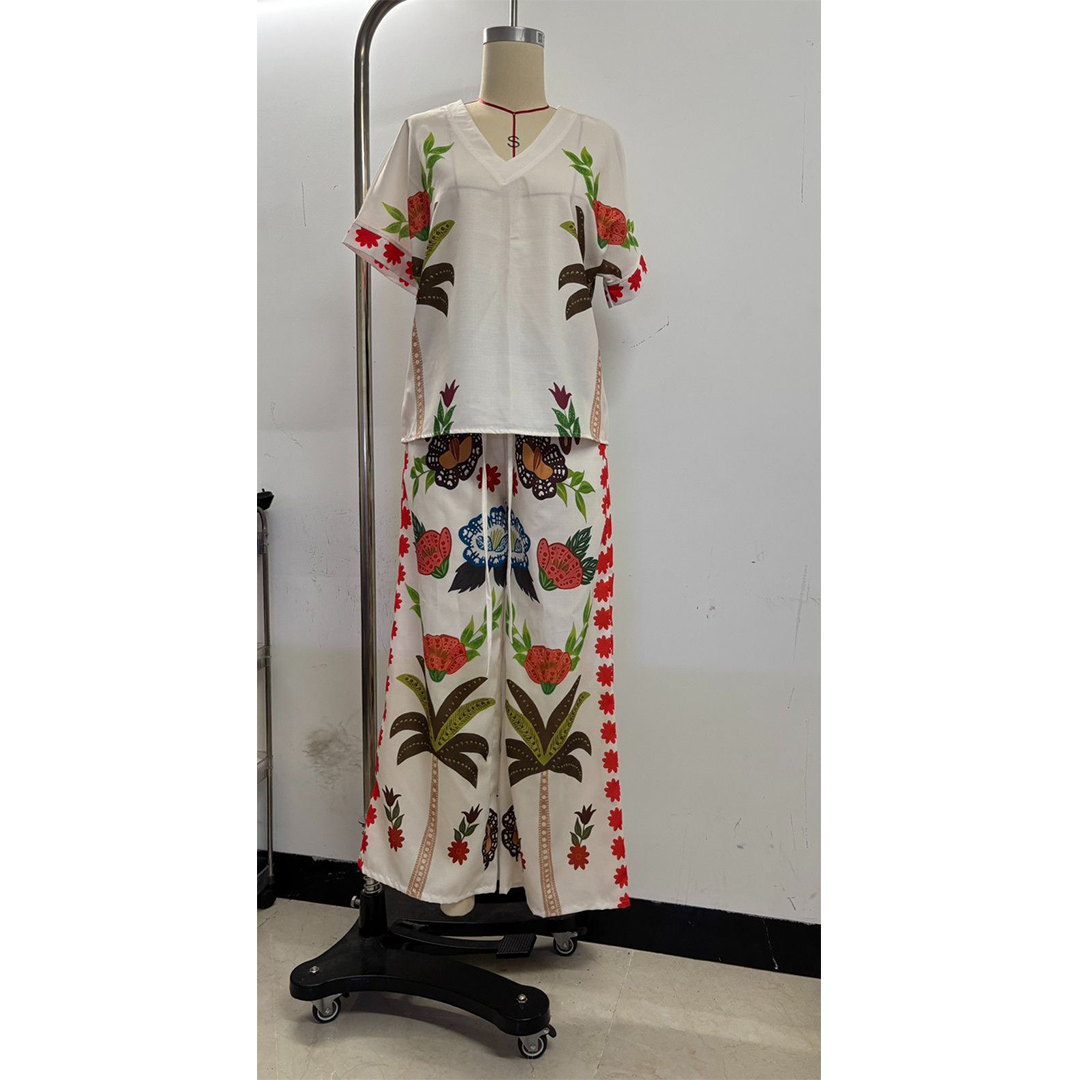 V-Neck Short Sleeve Printed Linen Wide-Leg Pants Set