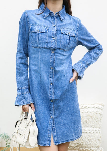 Women Denim Button Down Shirt Dress, Flared sleeves By Ann Kaci