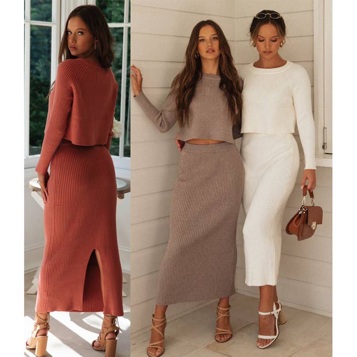 Women Solid Color Top and Skirt 2 Piece Set Knitted Sweater