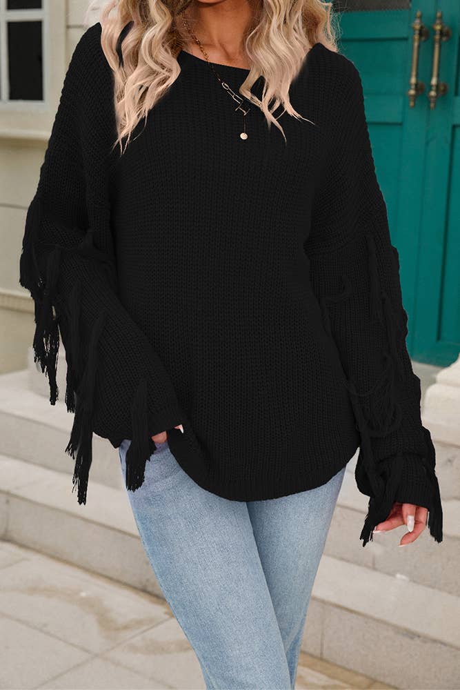 Women Solid Color Tassel Pullover Sweater Rosy / L