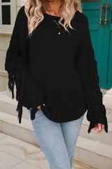 Women Solid Color Tassel Pullover Sweater Rosy / L