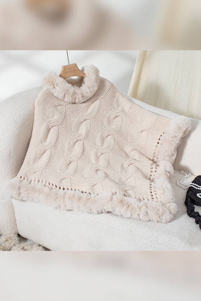 Women Faux Fur Collar Chunky Cable Knit Sweater Cape Coffee
