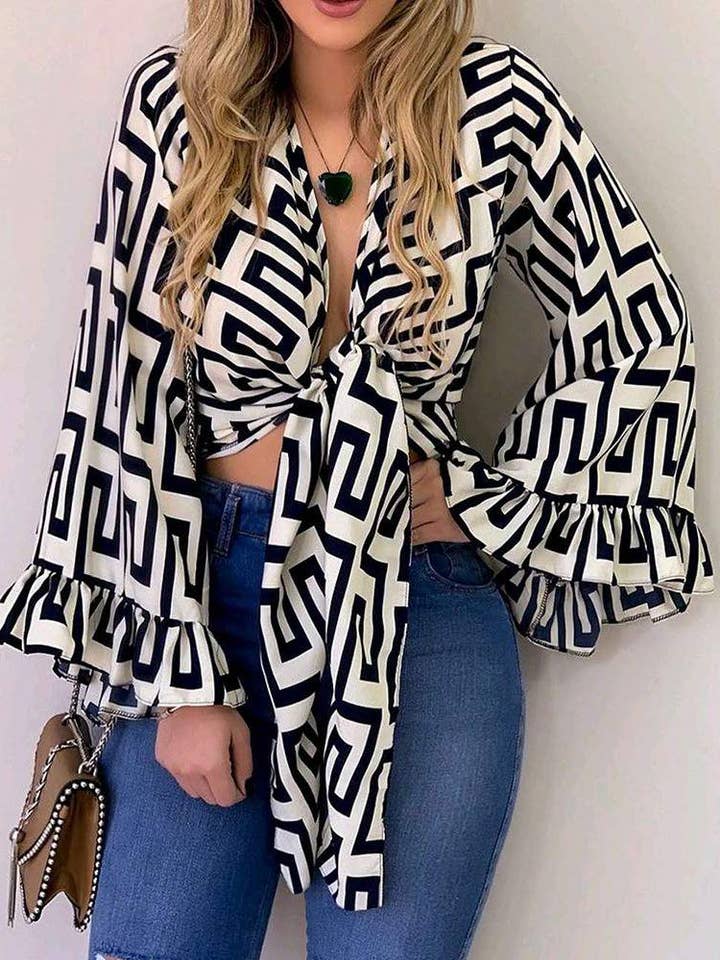 Women Bell Sleeve Front Tie Up