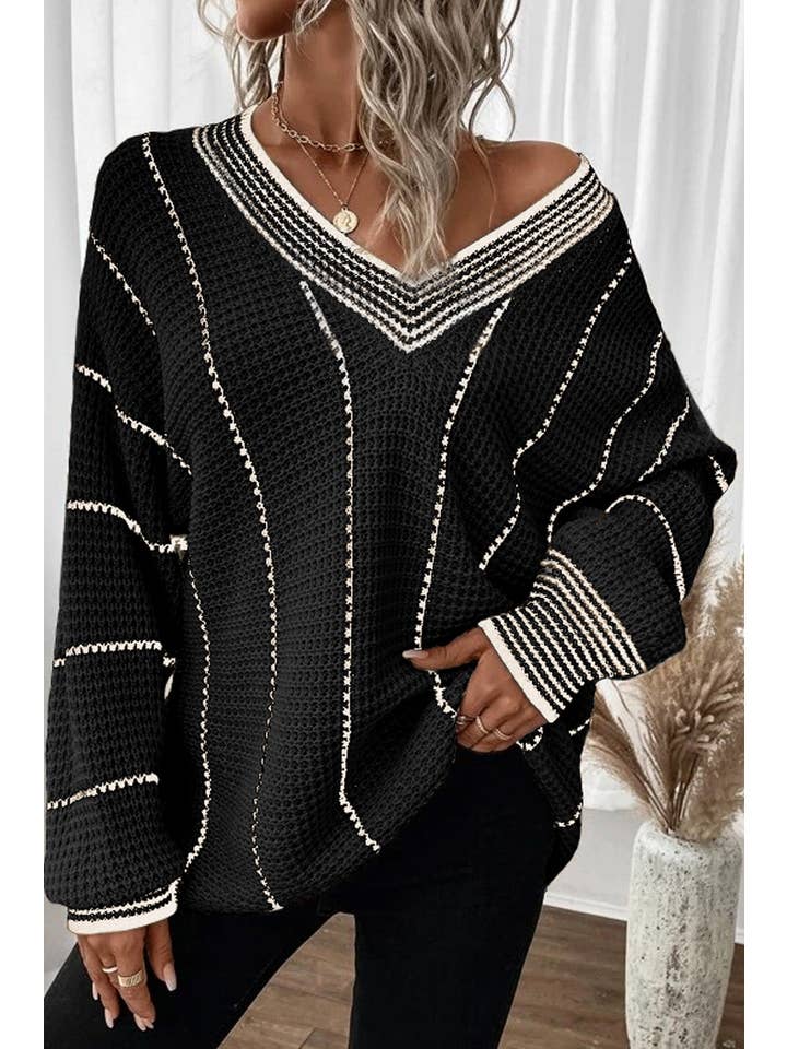 Women Striped Tunic Sweater V Neck