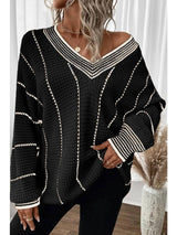 Women Striped Tunic Sweater V Neck
