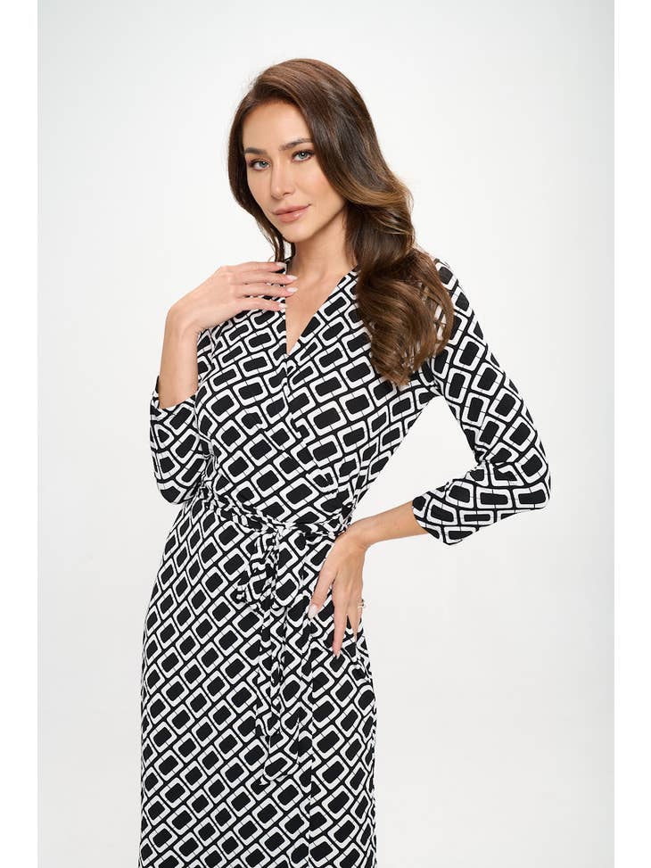 Women Midi Dress V neck Print Jersey with Slit