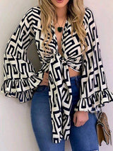 Women Bell Sleeve Front Tie Up