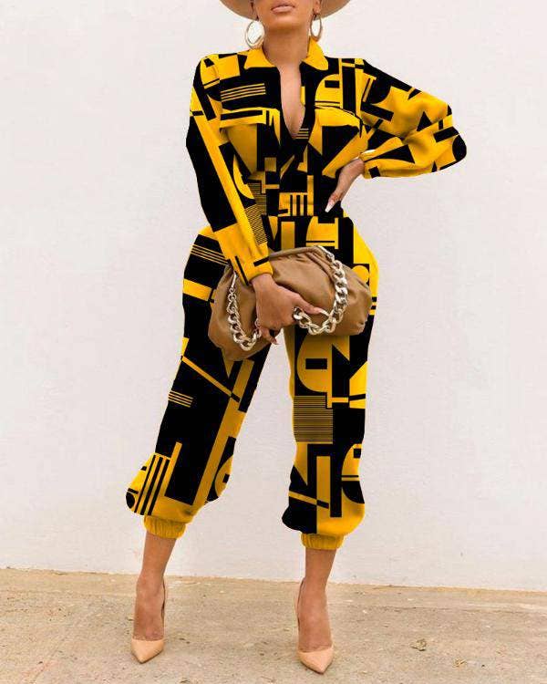 Letter print zip front long sleeve jumpsuit: YELLOW / 1-1-1-1 / S-M-L-XL