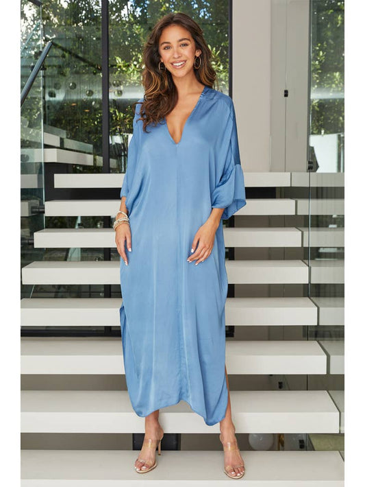 Women Maxi Dress Long Sleeve V Neck Silky Viscose