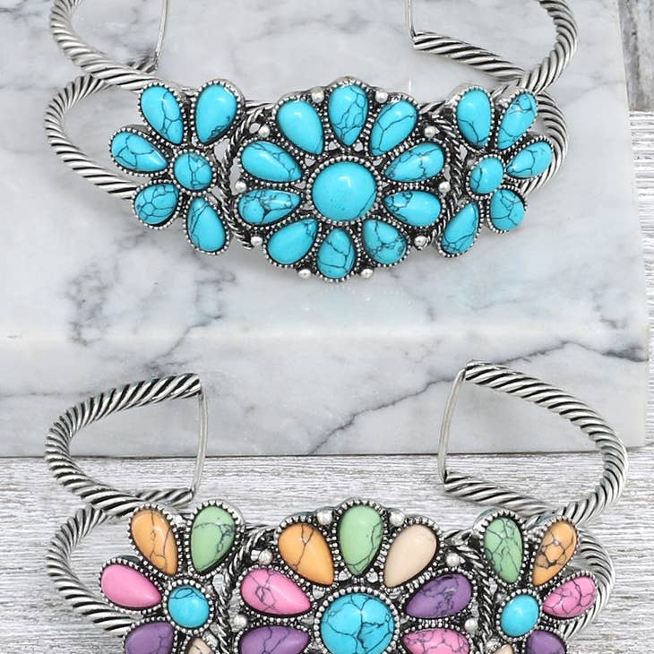 Women Boho Bracelet Floral Turquoise Semi Stone Cuff Bracelet