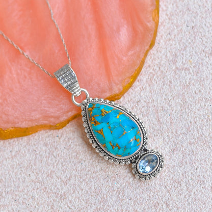 Women  Turquoise Necklace Solid 925 Sterling Silver Blue Copper