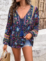 Women Printed V Neck Tunic Top Drawstring Detail By Lovesoft