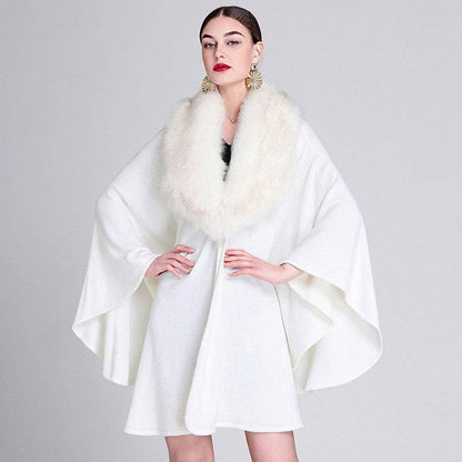 Mid-Length Faux Fox Fur Collar Shawl Cape: Burgundy