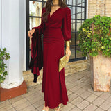 Women V Neck Long Sleeve Maxi Dress with Ruched Bodice
