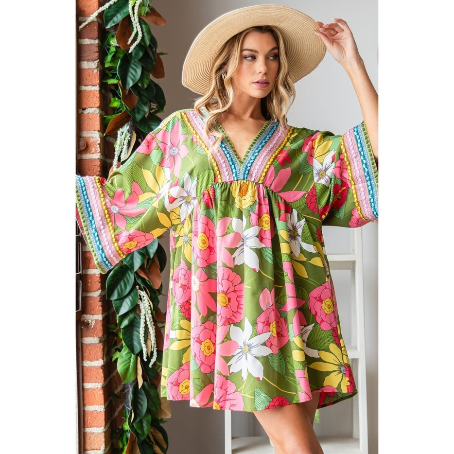 Women Dress Tunic Floral Print with Real Embroidery By Veveret