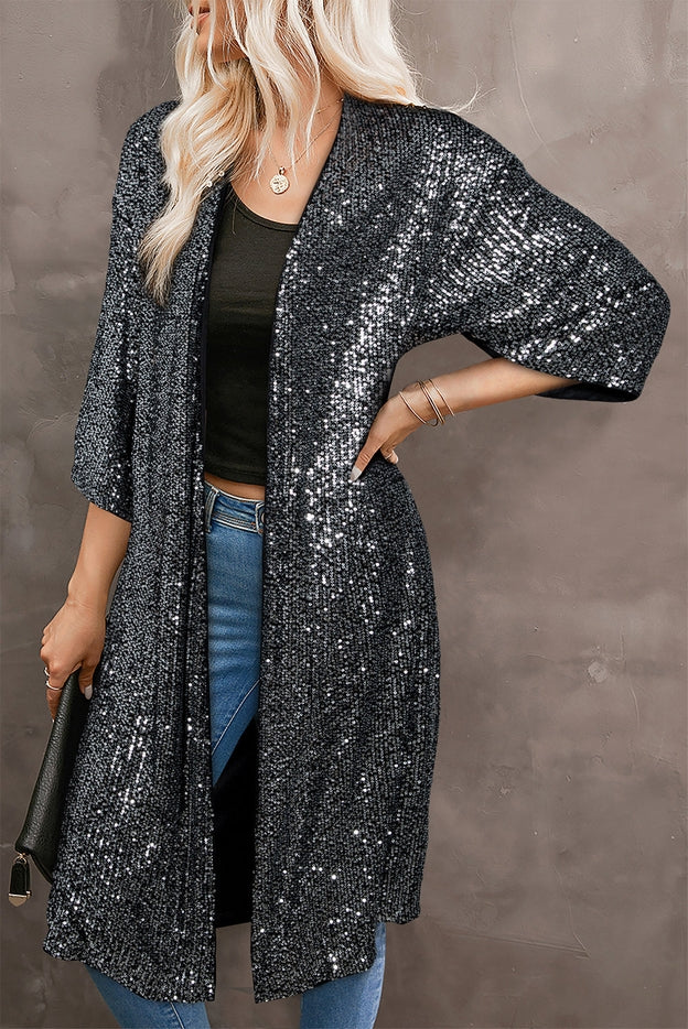 Women Silvery Sequin 3/4 Sleeve Kimono by Full Time Purchase