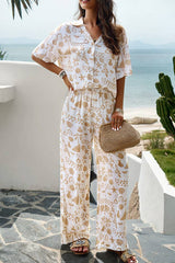 Printed Button Up Shirt and Pants 2pcs Set Black