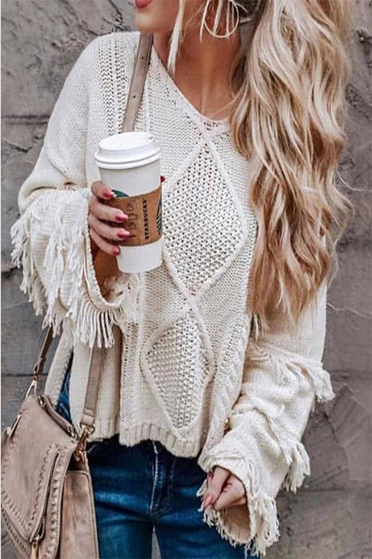 Women Tassel Cable Pattern Sweater