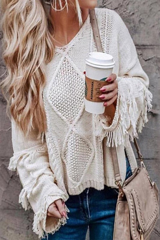 Women Tassel Cable Pattern Sweater