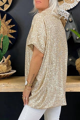 Women Solid Color V Neck Pullover Sequin Top