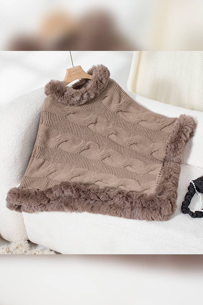 Women Faux Fur Collar Chunky Cable Knit Sweater Cape Coffee