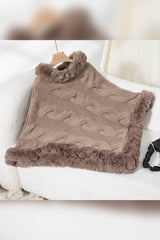 Women Faux Fur Collar Chunky Cable Knit Sweater Cape Coffee