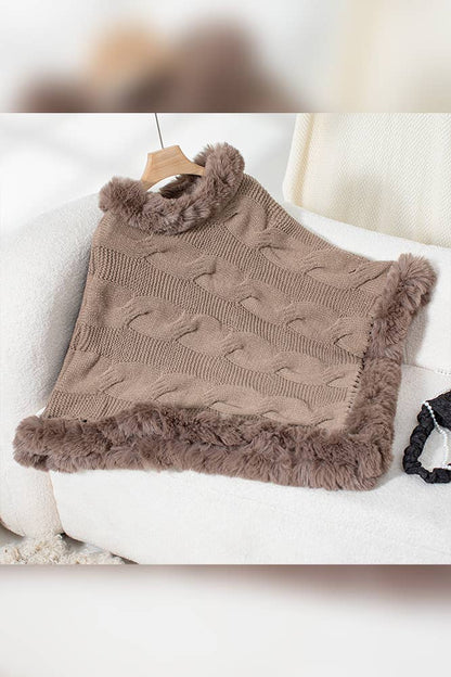 Faux Fur Collar Chunky Cable Knit Sweater Cape MMY225: Coffee / One size